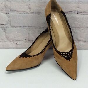 Ann Marino Leather Suede Pump Shoes Womens Size 7.5 Tan/Black Crochet Trim Heels